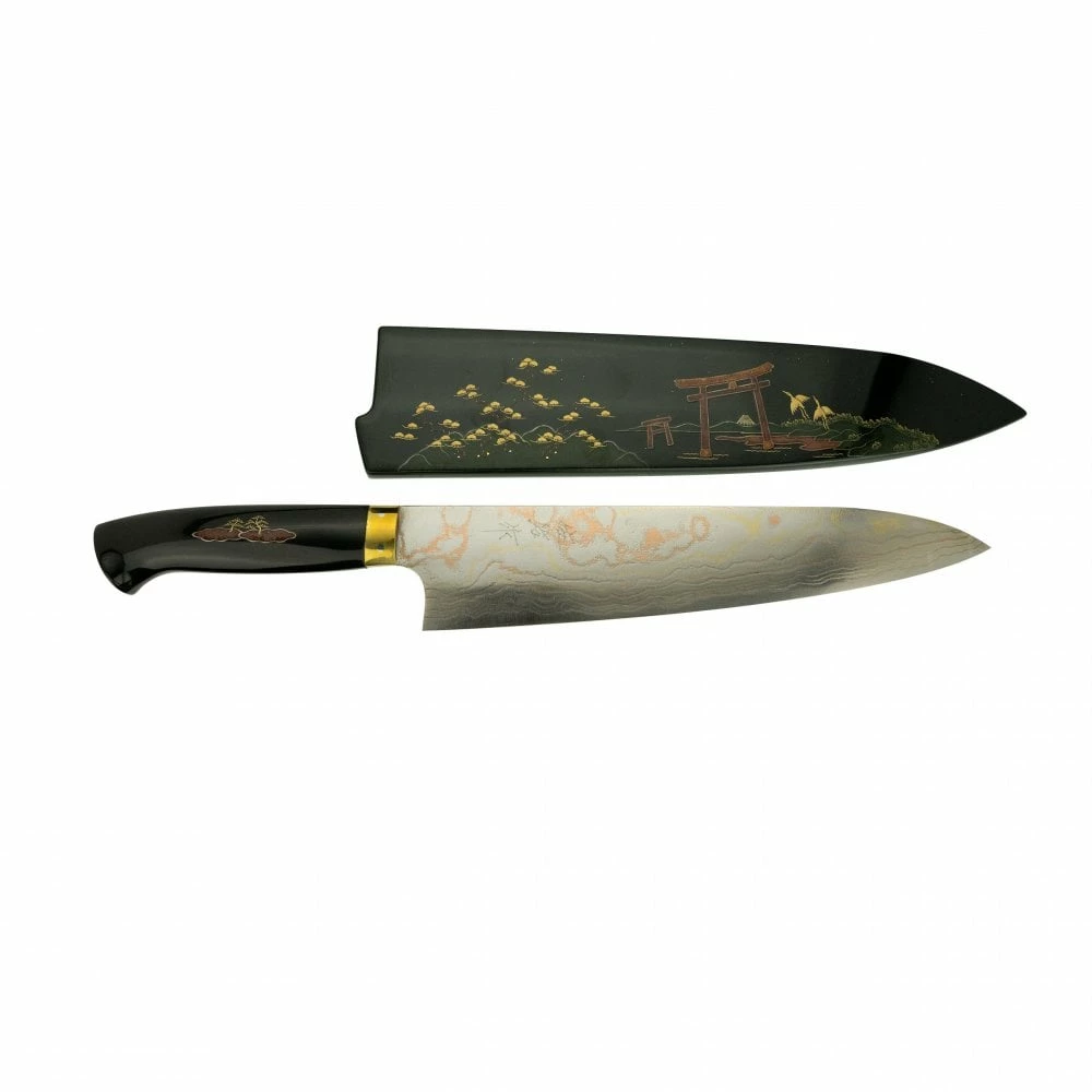 Takeshi Saji Takeshi Saji Makie -Art R2 AOGAMI NO.2 Coloured Damascus Japanese Chef's Gyuuto Knife 240mm With Urushi Laquered Saya And Custom Handle TORI FUJI On Lake 5 Takeshi Saji Takeshi Saji Makie -Art R2 AOGAMI NO.2 Coloured Damascus Japanese Chef's Gyuuto Knife 240mm With Urushi Laquered Saya And Custom Handle TORI FUJI On Lake - Image 3